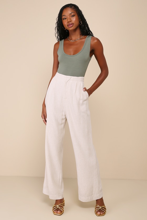 Lulus Effortlessly Classic Beige Linen High Rise Wide-leg Pants