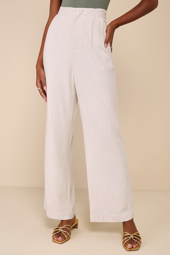 Effortlessly Classic Beige Linen High Rise Wide-Leg Pants 3