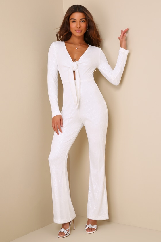 LULUS LUMINOUS STYLE WHITE SEQUIN TIE-FRONT LONG SLEEVE JUMPSUIT