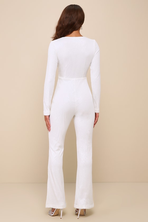 Shop Lulus Luminous Style White Sequin Tie-front Long Sleeve Jumpsuit