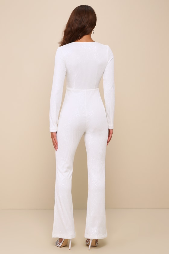 LULUS LUMINOUS STYLE WHITE SEQUIN TIE-FRONT LONG SLEEVE JUMPSUIT