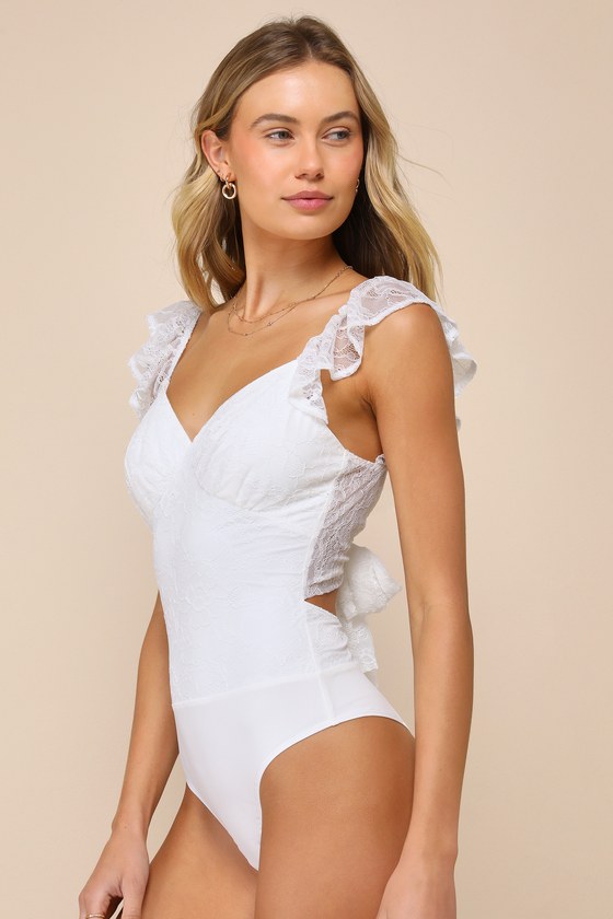 Shop Lulus Sunny Whimsy White Lace Ruffled Tie-back Bodysuit