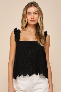 Cutest Weekend Black 3D Floral Embroidered Tie-Back Tank Top