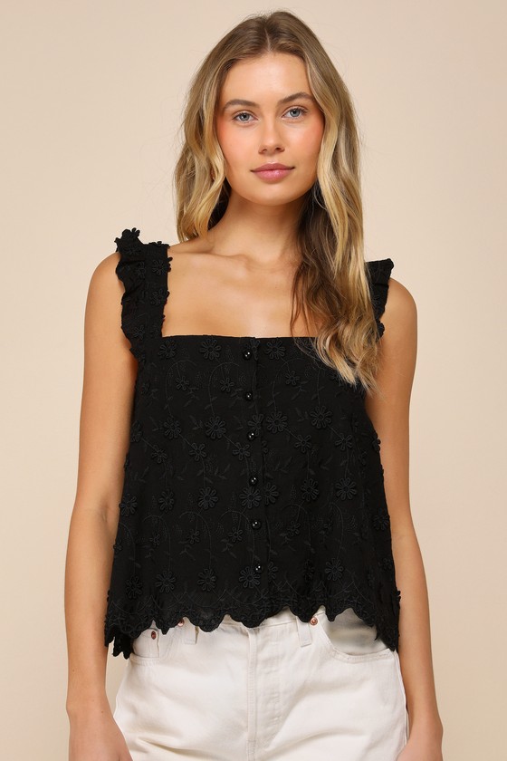 Cutest Weekend Black 3D Floral Embroidered Tie-Back Tank Top 3