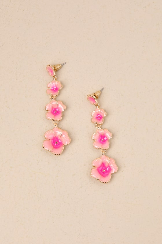 LULUS BLOSSOMING GLOW PINK AND GOLD FLOWER DROP EARRINGS
