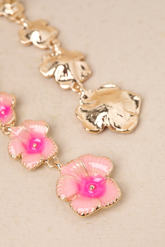 LULUS BLOSSOMING GLOW PINK AND GOLD FLOWER DROP EARRINGS