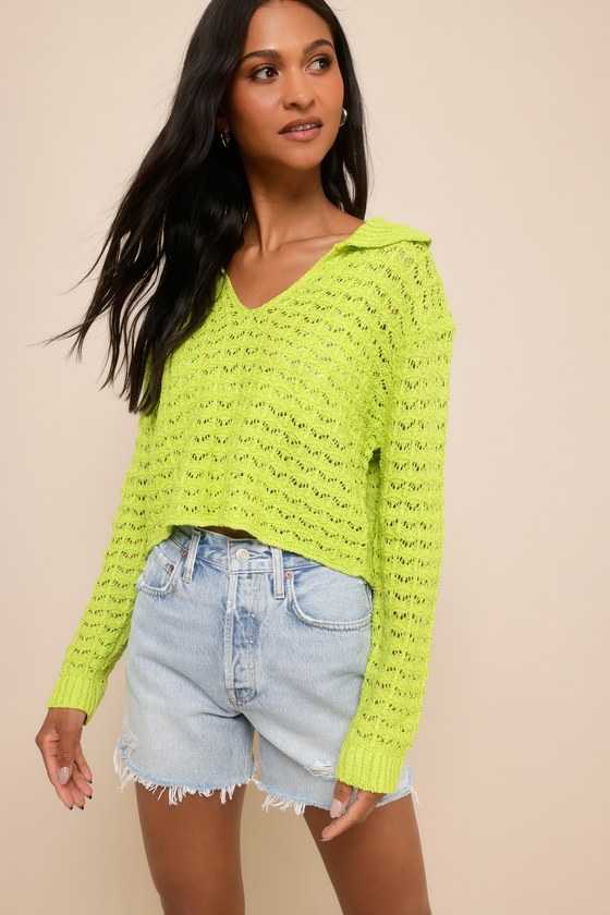 Adorable Enthusiasm Green Pointelle Collared Cropped Sweater 4