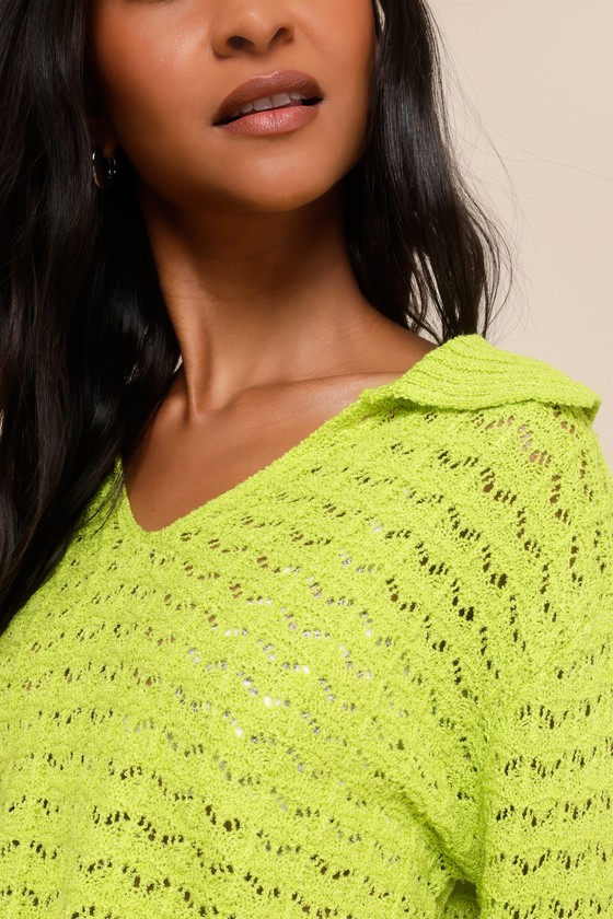 Shop Lulus Adorable Enthusiasm Green Pointelle Collared Cropped Sweater