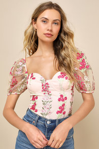 Charming Blessing Light Pink Embroidered Floral Bustier Bodysuit