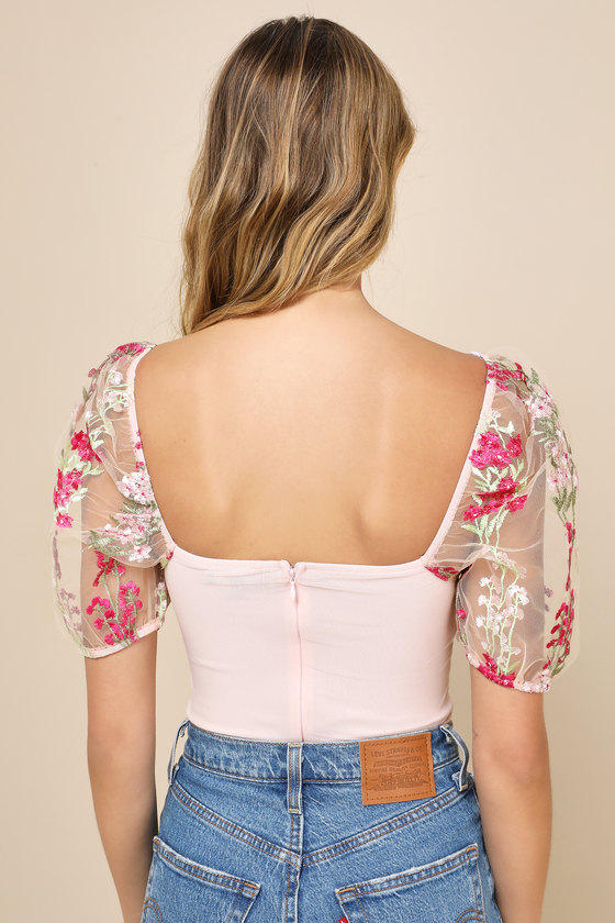 Lulus Charming Blessing Light Pink Embroidered Floral Bustier Bodysuit In Light Pink