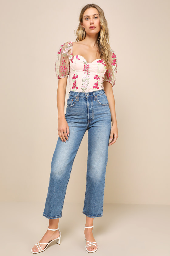 Lulus Charming Blessing Light Pink Embroidered Floral Bustier Bodysuit In Light Pink