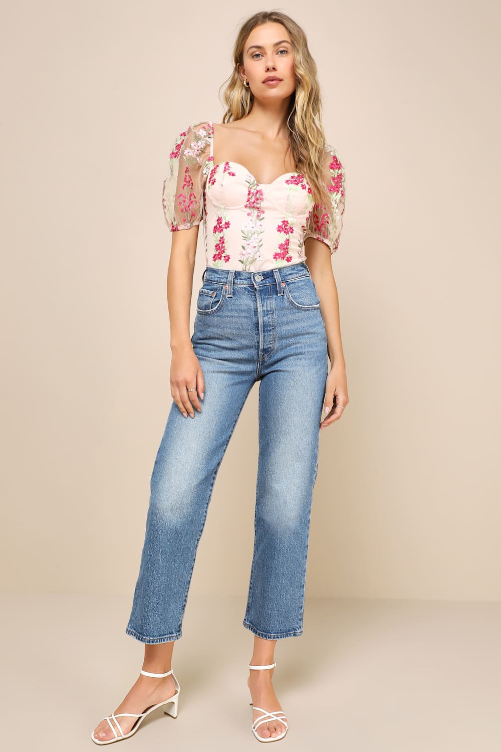 Charming Blessing Light Pink Embroidered Floral Bustier Bodysuit
