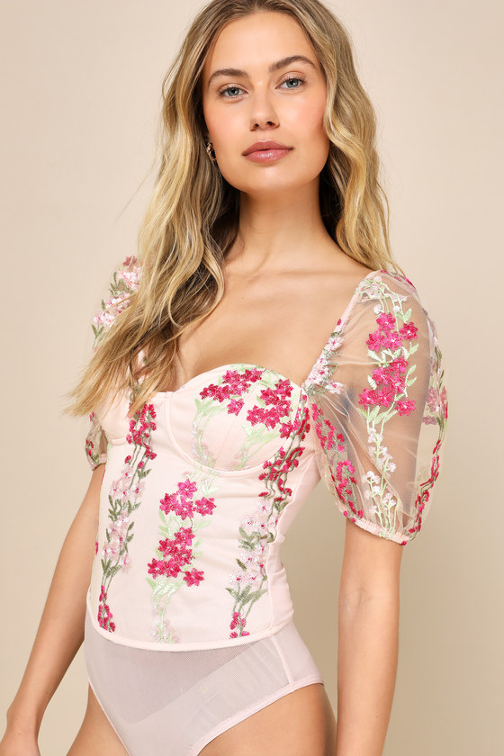 Lulus Charming Blessing Light Pink Embroidered Floral Bustier Bodysuit In Light Pink