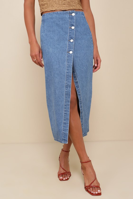 Medium Wash Denim Skirt - Cotton Denim Skirt - Cute Midi Skirt - Lulus