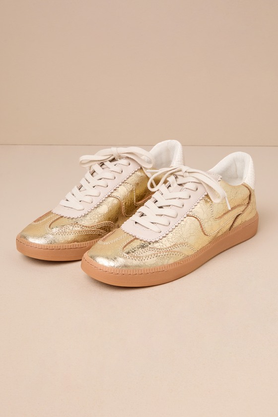 Shop Dolce Vita Notice Gold Metallic Distressed Leather Lace-up Sneakers