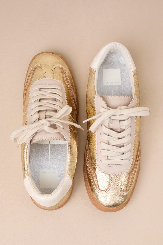Shop Dolce Vita Notice Gold Metallic Distressed Leather Lace-up Sneakers