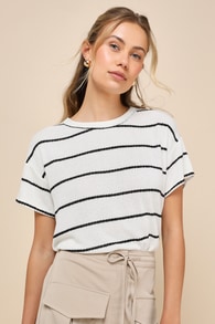 Laid-Back Perfection White Striped Knit Short Sleeve Top