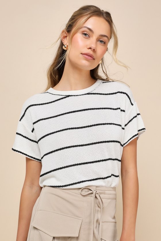 Laid-Back Perfection White Striped Knit Short Sleeve Top 3
