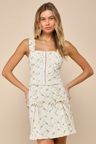 Delightful Flirt Ivory Twill Floral Embroidered Mini Skirt 4