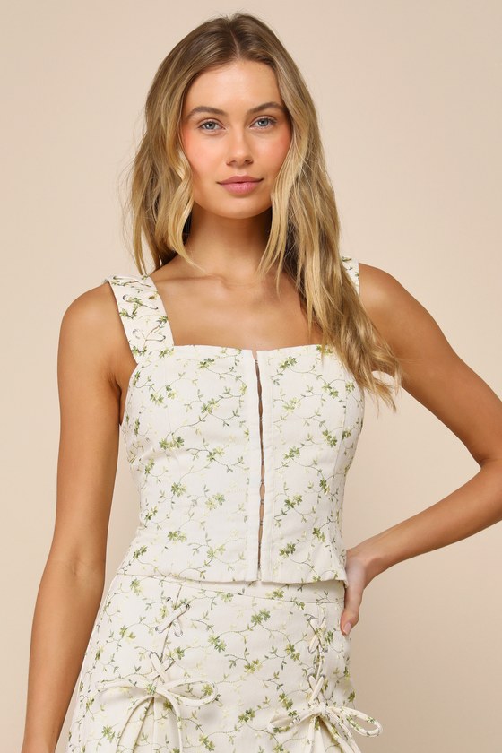 Delightful Flirt Ivory Twill Floral Embroidered Tank Top 2