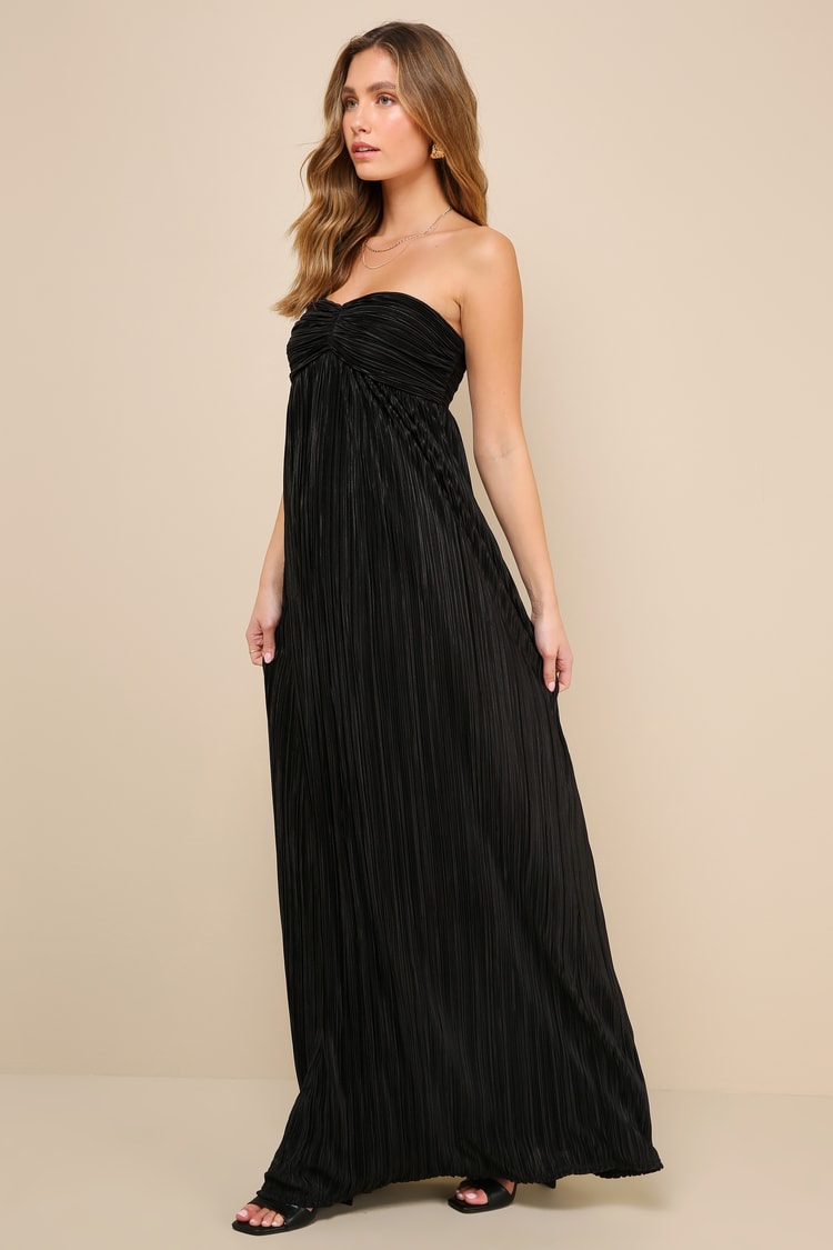black strapless pleated dress Black Plisse Dress - Strapless Maxi Dress - Pleated Dress