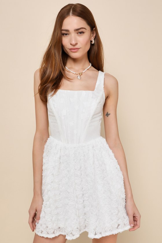 Lulus Gorgeous Bliss White Jacquard Rosette Bustier Mini Dress