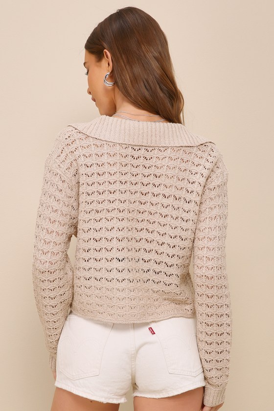Shop Lulus Adorable Enthusiasm Beige Pointelle Collared Cropped Sweater