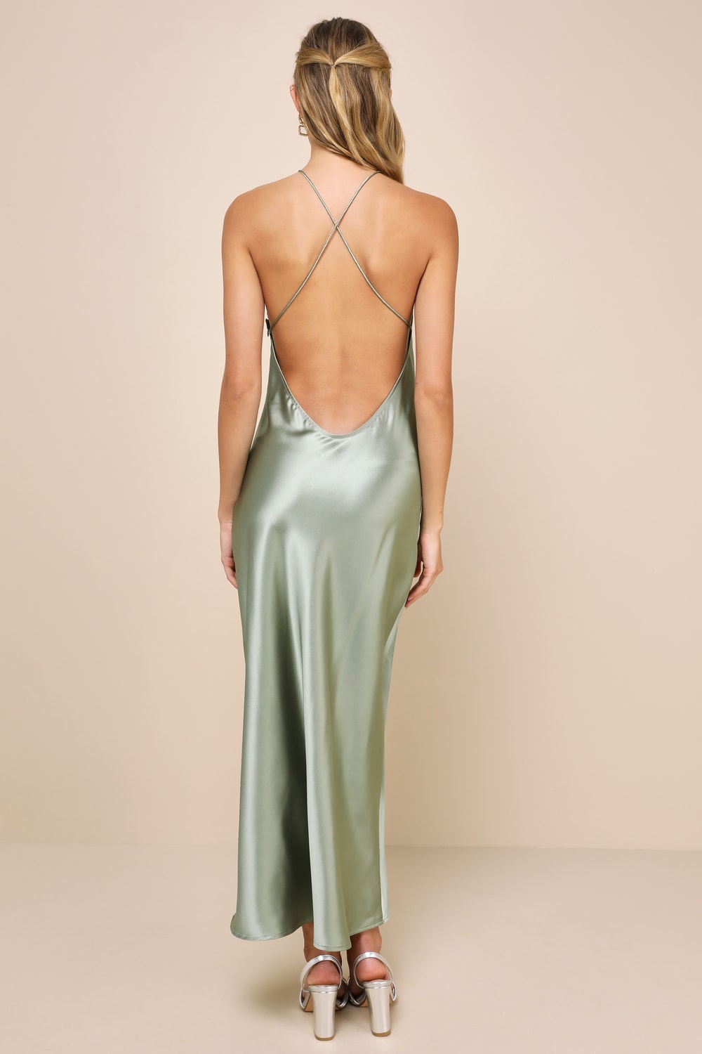 Sleek Sultriness Sage Green Satin Backless Halter Midi Dress