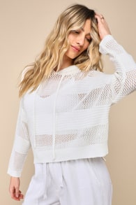 Cute Convenience Ivory Loose Crochet Knit Hooded Sweater Top