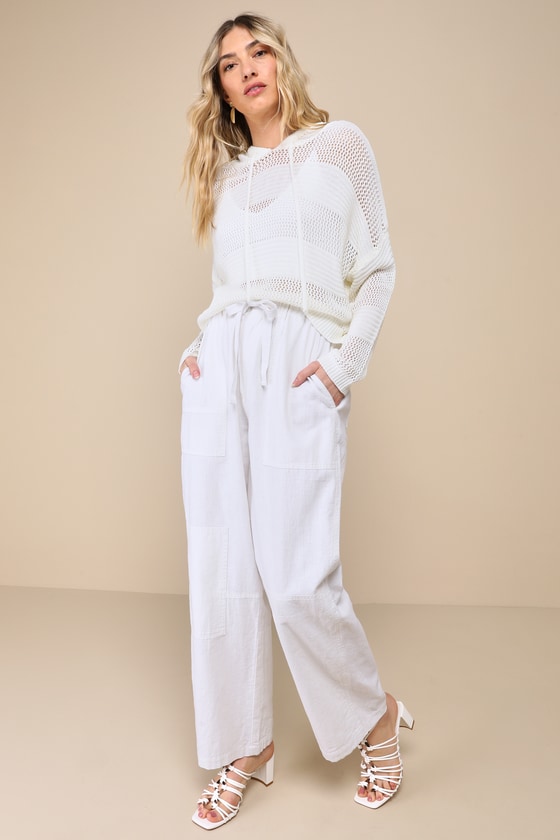 Ivory Hooded Sweater Top - Loose Knit Sweater - Ivory