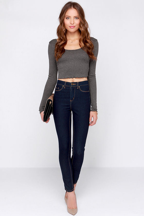 Double Scoop Grey Long Sleeve Crop Top 2