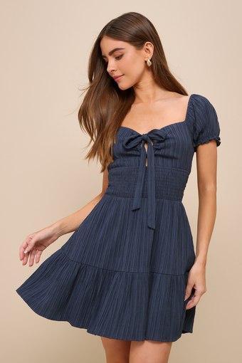 Darling Cutie Navy Blue Textured Tie-Front Tiered Mini Dress