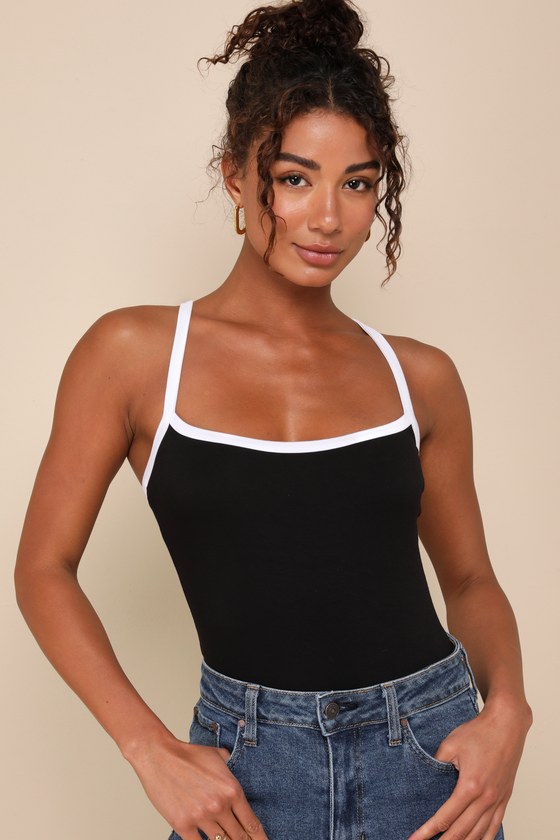 Lulus Trendy Inclination Black And White Sleeveless Cami Bodysuit In Black And White