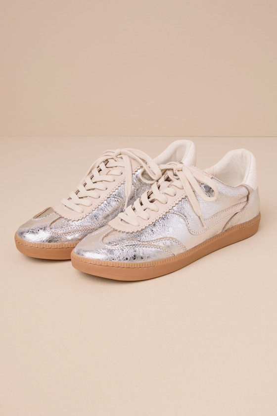 Shop Dolce Vita Notice Silver Metallic Distressed Leather Lace-up Sneakers