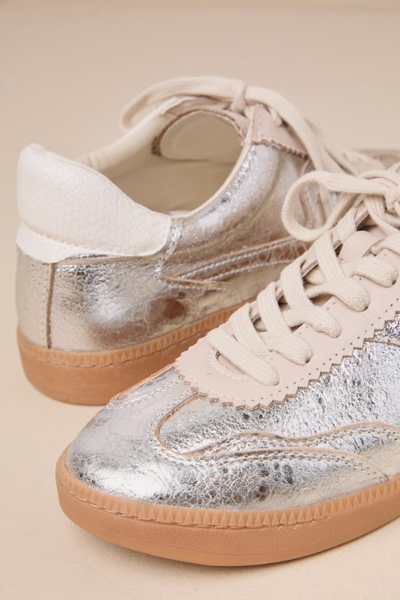 Shop Dolce Vita Notice Silver Metallic Distressed Leather Lace-up Sneakers