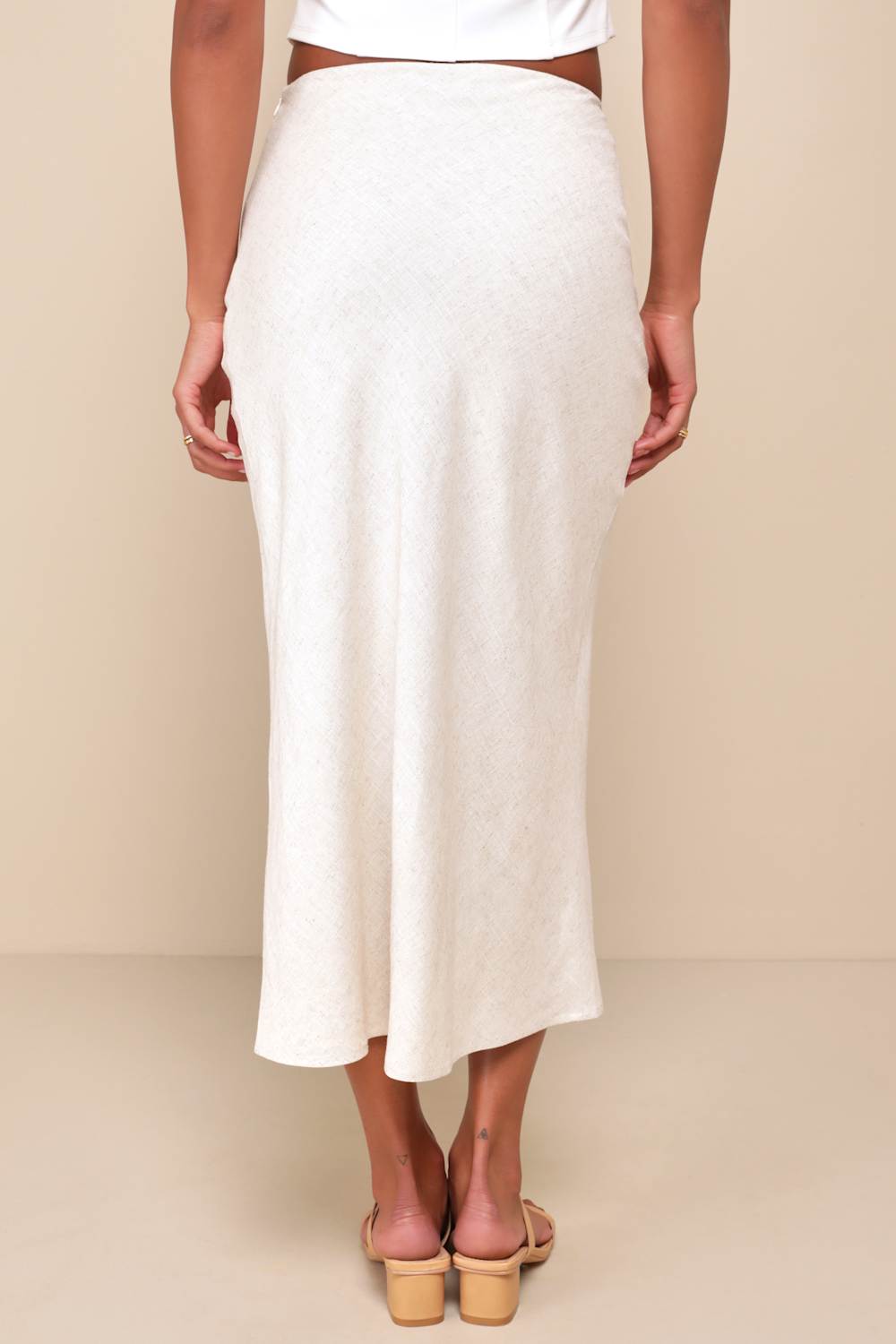 Summery Cutie Beige Linen High-Waisted Midi Skirt