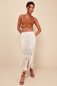 Enviable Summer Ivory Crochet Fringe Midi Skirt