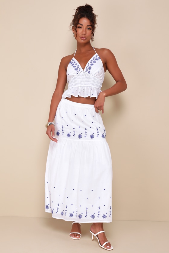 Summery Aura White Embroidered Tiered High-Waisted Maxi Skirt 1