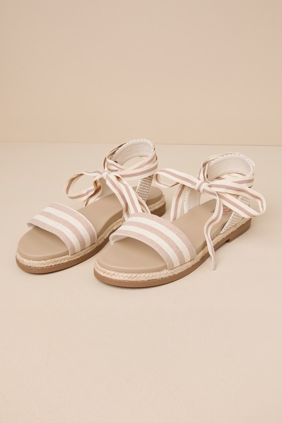 Shop Amore Kenny Natural Striped Canvas Espadrille Ankle Wrap Sandals In Beige