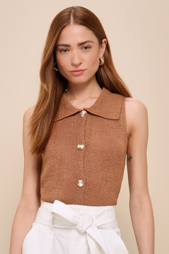 Lulus Best Presence Brown Button-front Sleeveless Sweater Top