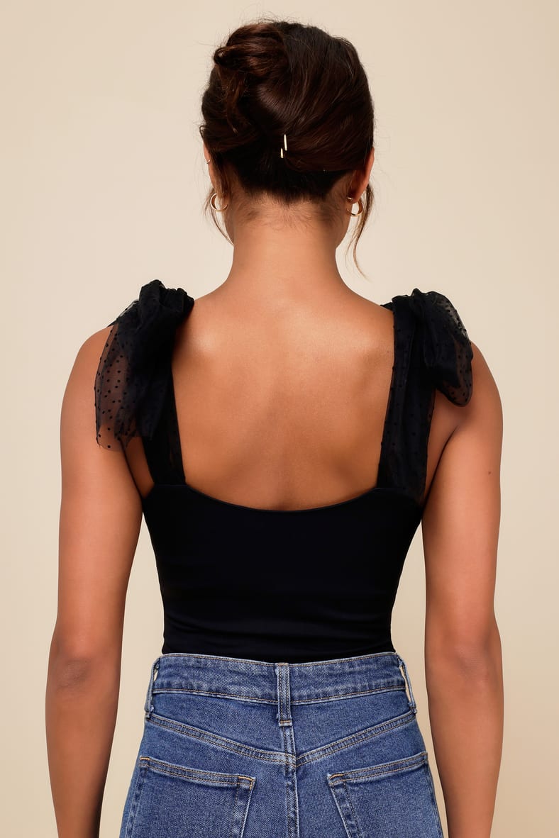 Thoughtful Charm Black Swiss Dot Tie-Strap Bodysuit