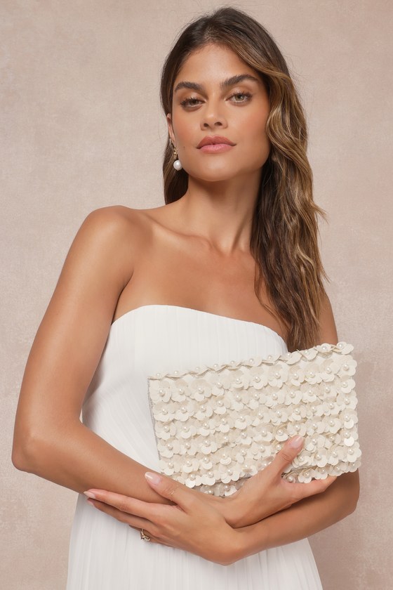 Sparking Perfection Ivory Floral Sequin Pearl Clutch 1