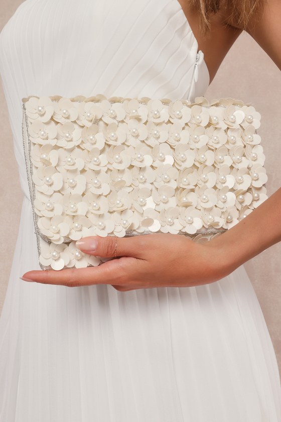 Shop Lulus Sparking Perfection Ivory Floral Sequin Pearl Clutch