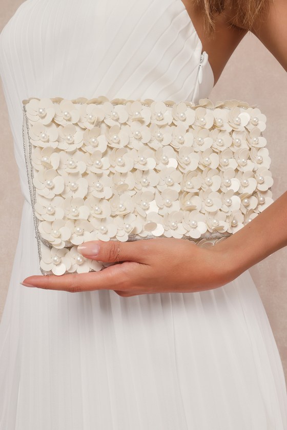 LULUS SPARKING PERFECTION IVORY FLORAL SEQUIN PEARL CLUTCH