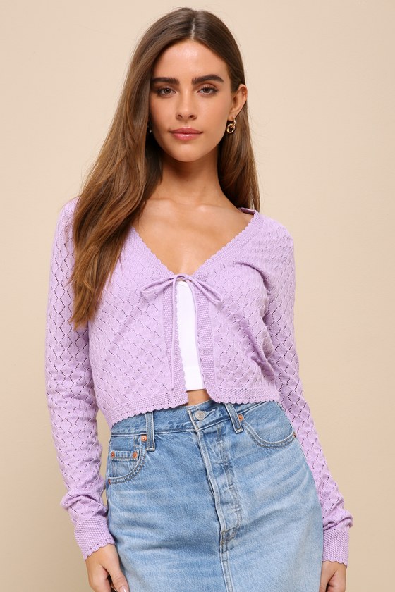 Shop Lulus Darling Pick Lavender Pointelle Knit Cropped Cardigan Sweater In Purple