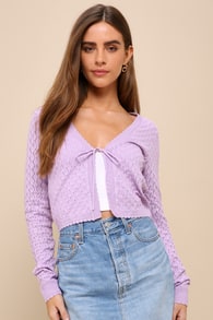 Darling Pick Lavender Pointelle Knit Cropped Cardigan Sweater