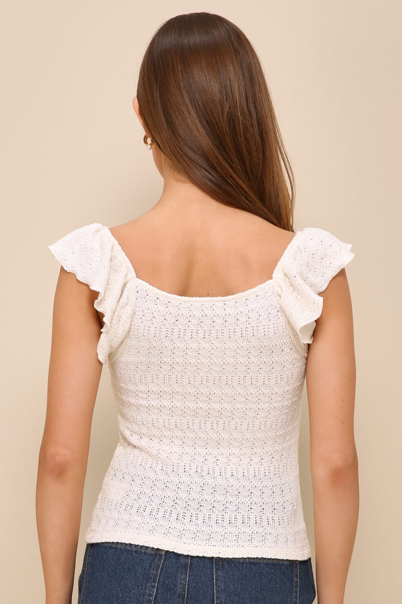 Carefree Persona Cream Pointelle Knit Flutter Sleeve Top