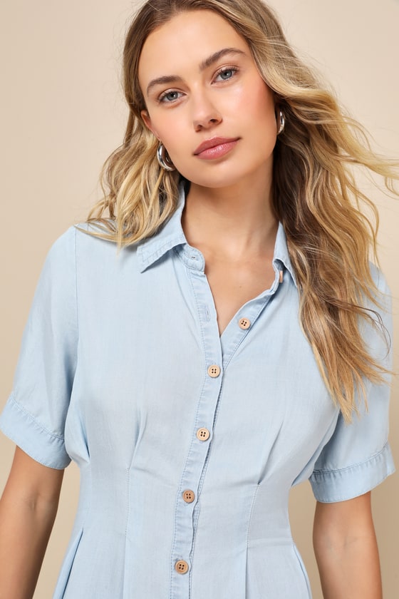 Shop Lulus Easygoing Days Light Blue Chambray Button-up Mini Dress