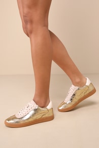 Notice Gold Metallic Distressed Leather Lace-Up Sneakers
