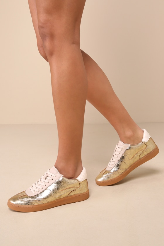 Notice Gold Metallic Distressed Leather Lace-Up Sneakers 1